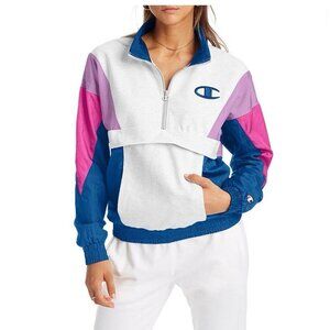 Champion Colorblock 1/2 Zip Mixed Media Pullover Pink Blue Women’s Medium Logo